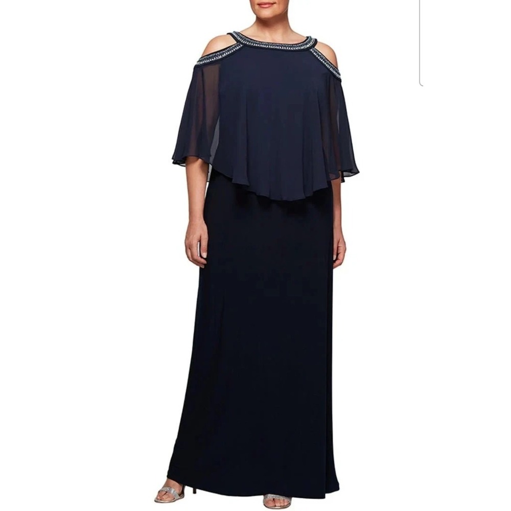 Alex Evenings Plus Size Beaded Cold-Shoulder Overlay Gown Size 18W  In Navy
